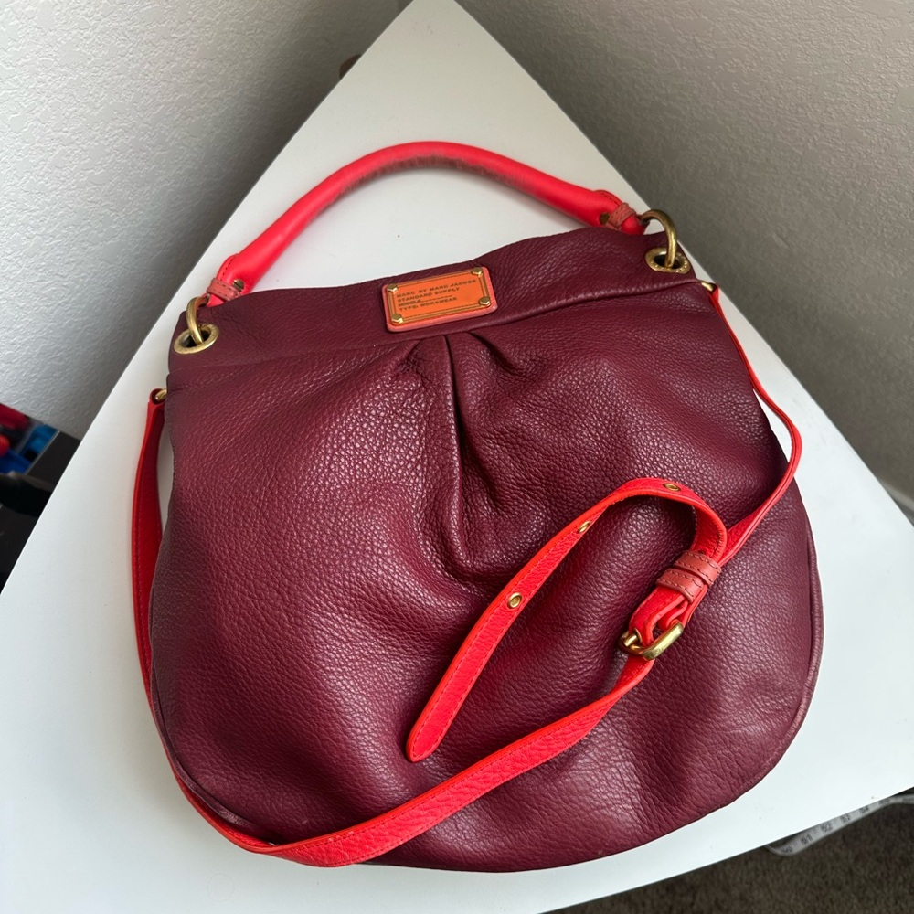 Authentic Marc by Marc Jacobs Burgundy and Neon Pink Leather Hillier Hobo Bag